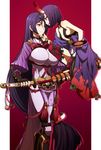  bodysuit breasts cup face-to-face fate_(series) gem hand_on_another's_chin holding holding_sword holding_weapon horns huge_breasts katana long_hair low-tied_long_hair minamoto_no_raikou_(fate/grand_order) multiple_girls oiun oni oni_horns purple_bodysuit purple_eyes purple_hair revealing_clothes sakazuki scabbard sheath sheathed short_hair shuten_douji_(fate/grand_order) sitting sword very_long_hair weapon 