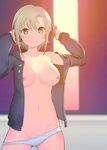  adjusting_headphones arms_up backlighting behind-the-head_headphones black_jacket blonde_hair breasts breasts_outside bright_pupils closed_mouth collarbone cowboy_shot groin highres idolmaster idolmaster_cinderella_girls idolmaster_cinderella_girls_starlight_stage jacket kibihimi legs_apart long_sleeves looking_at_viewer medium_breasts navel nipples no_bra open_clothes open_jacket panties panty_pull short_hair sidelocks single_bare_shoulder smile smug solo standing stomach tada_riina tareme underwear v-shaped_eyebrows white_panties 