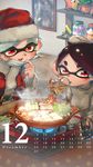 2girls :d aori_(splatoon) belt belt_buckle black_belt black_hair bowl buckle cabbage calendar_(medium) chopsticks commentary_request controller cooking cousins cup december domino_mask drinking drinking_glass earrings face_mask fire food grey_sweater hat highres holding hotaru_(splatoon) indoors inkling_(language) jar jewelry kashu_(hizake) kotatsu long_sleeves looking_away looking_down mask mask_pull mole mole_under_eye monster_girl multiple_girls nabe number open_mouth photo_(object) plant pointy_ears portable_stove potted_plant red_eyes remote_control santa_costume santa_hat shelf shiny shiny_hair short_eyebrows short_hair shrimp shrimp_tempura silver_hair smile splatoon_(series) splatoon_1 spring_onion steam sweater table tempura tentacle_hair tofu 