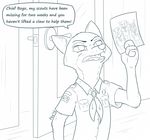  2016 anthro blue_and_white canine clothed clothing dialogue disney door english_text fox holding_object inside male mammal monochrome neckerchief nick_wilde open_mouth photo scout_uniform sharp_teeth signature solo teeth text tggeko zootopia 