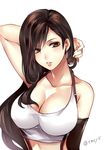  adjusting_hair armpits artist_name breasts brown_hair cleavage commentary_request earrings elbow_gloves final_fantasy final_fantasy_vii gloves jewelry large_breasts lips long_hair midriff simple_background solo suspenders tama_(tmfy5) tank_top tifa_lockhart upper_body white_background 