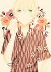  1girl aoharu_x_kikanjuu blonde_hair cherry_blossom_print green_eyes japanese_clothes reverse_trap short_hair tachibana_hotaru 