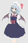 :&gt; alternate_costume bat_wings blue_hair bow bowtie closed_mouth grey_background hat hat_ribbon junior27016 long_sleeves looking_at_viewer mob_cap pointy_ears red_bow red_hair red_neckwear red_ribbon remilia_scarlet ribbon simple_background smile solo standing touhou wings 