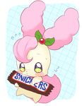  1girl blue_background blue_eyes candy_bar fairy flying_sweatdrops kirakira_precure_a_la_mode kirarin_(precure) looking_at_viewer no_humans precure product_placement simple_background snickers solo wataboshi 