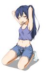  3; armpits arms_up bangs blue_hair blush breasts cleavage commentary_request crop_top crop_top_overhang cutoffs denim denim_shorts hair_between_eyes hair_tie hair_tie_in_mouth highres ippachi kneeling long_hair looking_at_viewer love_live! love_live!_school_idol_project mouth_hold navel no_shoes one_eye_closed ponytail rubber_band shorts simple_background small_breasts socks solo sonoda_umi tank_top tying_hair white_background yellow_eyes 