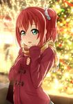  :d aqua_eyes bangs blurry blurry_background christmas_lights coat commentary_request diffraction_spikes eyebrows_visible_through_hair hair_ornament highres kurosawa_ruby long_sleeves looking_at_viewer love_live! love_live!_sunshine!! open_mouth polka_dot polka_dot_scrunchie prbili red_coat red_hair scarf scrunchie sleeves_past_wrists smile solo two_side_up upper_body winter_clothes 