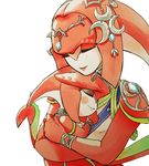 1girl blush brother_and_sister closed_eyes fins fish_girl fishman hair_ornament hug jewelry mipha monster_boy monster_girl multicolored multicolored_skin no_eyebrows red_hair red_skin sharp_teeth siblings sidon smile teeth the_legend_of_zelda the_legend_of_zelda:_breath_of_the_wild younger zora 