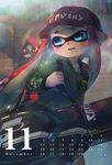  bag bangs baseball_cap blue_eyes blue_sky blunt_bangs blurry blurry_background brick_wall calendar_(medium) commentary_request day depth_of_field green_jacket grey_shirt hat highres holding_strap ink_tank_(splatoon) inkling inkling_(language) jacket kashu_(hizake) long_hair looking_away looking_to_the_side monster_girl november number open_mouth outdoors pocket railing red_hair red_hat shirt short_eyebrows shoulder_bag sky solo sparkle splatoon_(series) splatoon_2 walking zipper zipper_pull_tab 