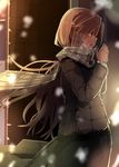  blowing_on_hands breath coat cold commentary_request dark_skin from_side futatsuki_eru hands_up long_hair long_sleeves night original outdoors own_hands_together plaid plaid_scarf red_eyes red_hair scarf skirt snowing solo very_long_hair wind winter 