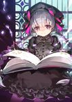  black_dress book bow bowtie braid closed_mouth cowboy_shot cura dress eyebrows_visible_through_hair fate/grand_order fate_(series) frilled_dress frills gothic_lolita grey_neckwear hat holding holding_book juliet_sleeves lolita_fashion long_hair long_sleeves magic nursery_rhyme_(fate/extra) open_book puffy_sleeves purple_eyes silver_hair smile solo twin_braids very_long_hair window 