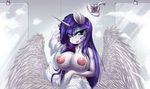  2017 anthro anthrofied areola big_breasts blue_eyes breasts equine eyelashes eyeshadow feathered_wings feathers female friendship_is_magic hair hi_res horn long_hair looking_at_viewer makeup mammal mirapony my_little_pony nipples one_eye_closed purple_hair rarity_(mlp) shower solo white_feathers winged_unicorn wings wink 