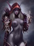  1girl areolae breasts gloves glowing_eyes grey_skin hood lips looking_at_viewer midriff navel nipples pointy_ears prywinko pussy quiver red_eyes solo sylvanas_windrunner uncensored white_hair world_of_warcraft 