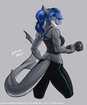  anthro blue_eyes blue_hair breasts clothing crop_top dumbbell exercise female fin fish furgonomics hair invalid_tag lexidia looking_at_viewer looking_back marine muscular muscular_female open_mouth shark shirt simple_background smile solo teeth weightlifting weights wmdiscovery93 workout yoga_pants 