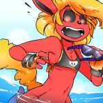  2018 anthro bikini bikini_top black_nose black_sclera blonde_hair bottomless cinnamon_swirl clothed clothing duckdraw eeveelution eyewear female fingerless_gloves flareon flat_chested fur gloves glowing glowing_eyes hair imminent_rape imminent_tentacle_rape navel nintendo nipple_bulge partially_submerged pok&eacute;mon pok&eacute;mon_(species) red_eyes red_fur solo sunglasses swimsuit tentacles video_games water 