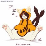  2017 ambiguous_gender blazblue cat clothed clothing eye_patch eyes_closed eyewear feline hi_res jubei mammal multi_tail nekocrispy pawpads simple_background sleeping solo video_games white_background 