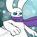  2017 ambiguous_gender blue_eyes cabbit cabbit_king cabbitking cat feline fur glowing glowing_eyes glowing_pawpads hybrid lagomorph long_ears looking_at_viewer mammal pawpads rabbit scarf signature simple_background solo white_fur 