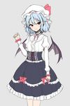  :&gt; alternate_costume bat_wings black_skirt blue_hair bow buttons closed_mouth grey_background hand_up hat hat_ribbon high-waist_skirt juliet_sleeves junior27016 long_sleeves looking_at_viewer mob_cap neck_ribbon pointy_ears puffy_sleeves red_bow red_hair red_ribbon remilia_scarlet ribbon simple_background sketch skirt smile solo standing touhou white_hat wings 