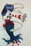  1girl bare_shoulders blue_skin detached_collar detached_sleeves dress female hair_over_one_eye high_heels leviathan_(skullgirls) monster_girl red_eyes side_ponytail skullgirls squigly_(skullgirls) stitched_mouth stitches striped striped_legwear striped_sleeves striped_socks zombie 