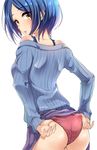  adjusting_clothes adjusting_panties ass blue_hair blue_sweater bra_strap earrings eyelashes hayami_kanade highres idolmaster idolmaster_cinderella_girls jewelry looking_at_viewer looking_back murabito_c necklace off-shoulder_sweater open_mouth panties pantyshot red_panties ribbed_sweater short_hair simple_background skirt skirt_lift solo strap sweater underwear white_background yellow_eyes 