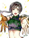  artist_name black_hair blurry breasts brown_hair commentary_request depth_of_field final_fantasy final_fantasy_vii forehead_protector gloves medium_breasts midriff navel ninja outstretched_arms outstretched_hand reaching_out short_hair simple_background sleeveless sleeveless_turtleneck smile solo tama_(tmfy5) turtleneck upper_body white_background yuffie_kisaragi 