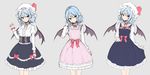  :&gt; alternate_costume bat_wings black_skirt blue_hair bow bowtie buttons closed_mouth dress grey_background hand_up hat hat_ribbon head_tilt high-waist_skirt highres juliet_sleeves junior27016 long_sleeves looking_at_viewer mob_cap neck_ribbon pink_dress pointy_ears puffy_sleeves red_bow red_hair red_neckwear red_ribbon remilia_scarlet ribbon simple_background sketch skirt smile standing touhou white_hat wings 