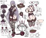  1girl ass bondage breasts chains character_sheet curvy demon_girl female horn huge_ass huge_breasts legs_up lilith-soft long_hair looking_at_viewer lying nimie nipples no_bra on_bed purple_hair saijou_satoru simple_background solo sweater taimanin_(series) taimanin_asagi taimanin_asagi_battle_arena thong 