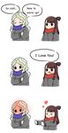  &gt;_&lt; 3koma :3 :d black_eyes blonde_hair blue_scarf blush brown_hair closed_eyes closed_mouth comic confession crossed_arms diana_cavendish embarrassed english full-face_blush gloves grey_jacket heart jacket kagari_atsuko little_witch_academia long_hair long_sleeves multiple_girls open_mouth ponytail red_scarf rey_2911 scarf simple_background smile speech_bubble upper_body v-shaped_eyebrows white_background white_gloves yuri 
