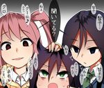  :o bags_under_eyes black_hair blue_eyes cheek_poking chiku_(gesu) empty_eyes eyebrows_visible_through_hair face girl_sandwich gradient gradient_background green_eyes green_neckwear hair_between_eyes hand_on_another's_head kuroki_tomoko multiple_girls necktie nemoto_hina open_mouth pink_eyes pink_hair poking sandwiched school_uniform shared_speech_bubble shirt short_twintails smile speech_bubble sweatdrop tamura_yuri tears translated twintails watashi_ga_motenai_no_wa_dou_kangaetemo_omaera_ga_warui! white_shirt yandere 