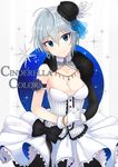 ahoge anastasia_(idolmaster) ashita_(2010) black_hat blue_eyes breasts cleavage commentary_request dress fur_trim gloves hat idolmaster idolmaster_cinderella_girls jewelry medium_breasts necklace short_hair silver_hair smile solo white_dress white_gloves 