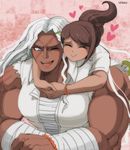  :&gt; asahina_aoi bandages blanko! blue_eyes brown_hair danganronpa danganronpa_1 dark_skin eyebrows_visible_through_hair heart highres hug hug_from_behind long_hair multiple_girls muscle muscular_female one_eye_closed oogami_sakura open_mouth ponytail scar smile white_hair 