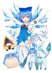  :d absurdres blue_bow blue_dress blue_eyes blue_hair bow cirno crossover dress full_body gen_3_pokemon gen_4_pokemon gen_5_pokemon glaceon hair_bow highres holding holding_poke_ball kneehighs looking_at_viewer neck_ribbon open_mouth poke_ball pokemon quick_ball red_ribbon ribbon sakipsakip short_dress short_hair short_sleeves simple_background smile snorunt spheal standing touhou vanillish white_background white_legwear 
