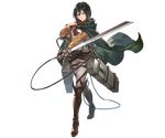  black_eyes black_hair brown_eyes brown_jacket cape dress_shirt full_body granblue_fantasy green_cape hair_between_eyes holding holding_sword holding_weapon jacket looking_at_viewer mikasa_ackerman military military_uniform minaba_hideo official_art open_clothes open_jacket pants paradis_military_uniform red_scarf scarf shingeki_no_kyojin shirt short_hair solo standing sword three-dimensional_maneuver_gear transparent_background uniform weapon white_pants white_shirt 