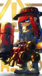  1girl bangs black_hat black_legwear blue_eyes blunt_bangs bow buckle chromatic_aberration closed_mouth commentary domino_mask expressionless grey_jacket gun hat hat_bow highres hime_cut holding holding_gun holding_weapon hydra_splatling_(splatoon) ink_tank_(splatoon) inkling jacket kashu_(hizake) laces long_hair looking_at_viewer mask monster_girl pointy_ears polka_dot polka_dot_bow red_bow red_hair sideways_glance signature solo splatoon_(series) splatoon_2 standing tentacle_hair weapon white_background white_footwear zipper zipper_pull_tab 