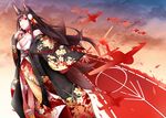  aircraft airplane akagi_(azur_lane) animal_ears arm_at_side azur_lane bangs bare_shoulders black_hair breasts brown_hair choker cleavage cloud cloudy_sky collarbone commentary_request dusk eyebrows_visible_through_hair floral_print fox_ears fox_tail from_below from_side fudo_shin hair_between_eyes hair_ornament hand_on_own_face highres japanese_clothes kimono large_breasts long_hair looking_at_viewer obi rigging sash sky smile solo standing tail very_long_hair 