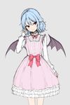  :&gt; alternate_costume bat_wings blue_hair bow bowtie closed_mouth dress grey_background hand_up head_tilt junior27016 long_sleeves looking_at_viewer pink_dress pointy_ears red_hair red_neckwear remilia_scarlet simple_background smile solo standing touhou wings 