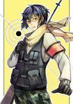  1boy aoharu_x_kikanjuu armband black_eyes black_gloves black_hair bulletproof_vest camouflage camouflage_pants glasses gloves scarf sniper_rifle target yukimura_tooru 