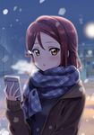  :o blue_scarf blurry blurry_background blush breath brown_coat cellphone coat deadnooodles depth_of_field hair_ornament hairclip highres holding holding_phone long_hair long_sleeves love_live! love_live!_sunshine!! open_clothes open_coat open_mouth outdoors phone plaid plaid_scarf red_hair sakurauchi_riko scarf sleeves_past_wrists smartphone snowing solo tareme town upper_body yellow_eyes 