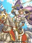 armor armored_boots artist_name blonde_hair boots bow_(weapon) braid cape copyright_name day earrings faceless faceless_male faerur_letoliel_(force_of_will) force_of_will fur_trim gloves horse jewelry kamijororo long_hair male_focus official_art open_mouth pointy_ears purple_eyes sky solo_focus sparkle staff sword teeth tiara weapon 