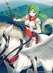  40hara armor boots breastplate commentary company_connection copyright_name dress fire_emblem fire_emblem:_seima_no_kouseki fire_emblem_cipher green_eyes green_hair highres holding holding_weapon long_hair mountain official_art outdoors pegasus pegasus_knight polearm short_dress shoulder_pads spear thigh_boots thighhighs tied_hair vanessa_(fire_emblem) weapon zettai_ryouiki 
