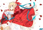  blonde_hair blush breasts cleavage dress fate/grand_order fate_(series) green_eyes highres large_breasts looking_at_viewer nero_claudius_(fate) nero_claudius_(fate)_(all) petals red_dress satsuki_mayuri see-through simple_background smile solo 