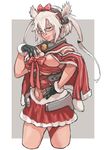  adapted_costume alternate_costume blonde_hair bow breasts budget_sarashi cape collar fur_trim glasses gloves gufu_(guffuumu) hair_between_eyes hair_bow hair_flaps hand_on_hip hand_on_own_chest headgear kantai_collection large_breasts low_twintails musashi_(kantai_collection) navel one_eye_closed partly_fingerless_gloves sarashi skirt smile solo tan twintails 