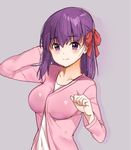  bangs blush breasts cardigan closed_mouth collarbone eyebrows_visible_through_hair fate/stay_night fate_(series) grey_background hair_ribbon long_hair looking_at_viewer matou_sakura medium_breasts purple_eyes purple_hair red_ribbon ribbon shovelwell smile solo upper_body 