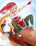  1girl blonde_hair boots bow choker christmas christmas_tree gloves jinx_(league_of_legends) league_of_legends long_hair mcdobo pointy_ears ribbon santa_hat skirt thighhighs 