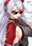  artist_name azur_lane blush breasts commentary eyebrows_visible_through_hair eyes_visible_through_hair finger_to_mouth gloves hair_between_eyes headgear large_breasts long_hair long_sleeves looking_at_viewer mole mole_on_breast parted_lips prinz_eugen_(azur_lane) red_eyes sakiyamama sideboob signature silver_hair simple_background smile solo sunglasses upper_body white_background 