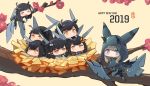  animal_ears black_hair blue_eyes bodysuit brown_hair chibi flowers group orange_eyes original sima_naoteng 