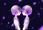  absurdres amethyst_(houseki_no_kuni) androgynous blue_background braid commentary_request diffraction_spikes expressionless gem_uniform_(houseki_no_kuni) highres houseki_no_kuni jitome looking_at_viewer mirin. multiple_others necktie purple_eyes purple_hair shiny short_hair siblings smile sparkle twins 