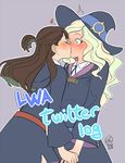  artist_name blonde_hair blue_eyes blush brown_hair dated diana_cavendish grey_background hat heart holding_hands kagari_atsuko kiss little_witch_academia long_hair multiple_girls short_ponytail surprise_kiss surprised ticcy witch_hat yuri 