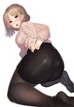  :d all_fours ass bangs bent_over black_legwear black_skirt blush breasts brown_hair earrings eyebrows_visible_through_hair from_behind highres jewelry kagematsuri large_breasts looking_at_viewer looking_back no_shoes open_mouth original pantyhose pantylines pencil_skirt purple_eyes ribbed_sweater ring short_hair simple_background skirt smile solo sweater wedding_band white_background 