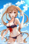  absurdres adapted_costume ahoge armpits bikini blue_sky breasts brown_eyes brown_hair cleavage cloud collarbone contrapposto cowboy_shot day eyebrows_visible_through_hair highres kantai_collection medium_breasts murasame_(kantai_collection) navel neve open_mouth outdoors side-tie_bikini sky standing swimsuit twintails wading 