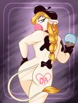  &lt;3 anthro beret big_butt blonde_hair bovine braided_hair breasts butt cattle chibi-tom-boy dairy_air dessert ear_piercing eyelashes female food hair hand_on_hip hat holding_food holding_object ice_cream lipstick looking_back makeup mammal mascot nude piercing rear_view solo tattoo 